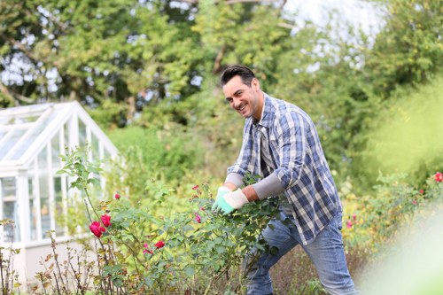 Professional gardener trimming an overgrown hedge in Enfield Lock
